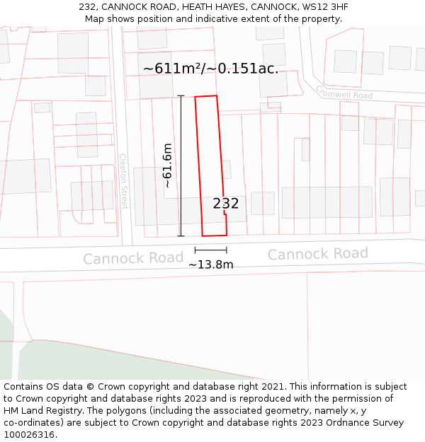232, CANNOCK ROAD, HEATH HAYES, CANNOCK, WS12 3HF: Plot and title map