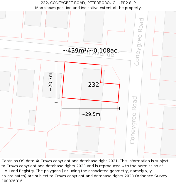232, CONEYGREE ROAD, PETERBOROUGH, PE2 8LP: Plot and title map