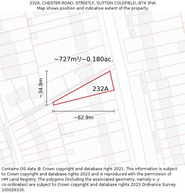 232A, CHESTER ROAD, STREETLY, SUTTON COLDFIELD, B74 3NA: Plot and title map