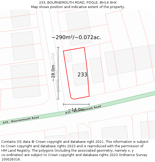 233, BOURNEMOUTH ROAD, POOLE, BH14 9HX: Plot and title map