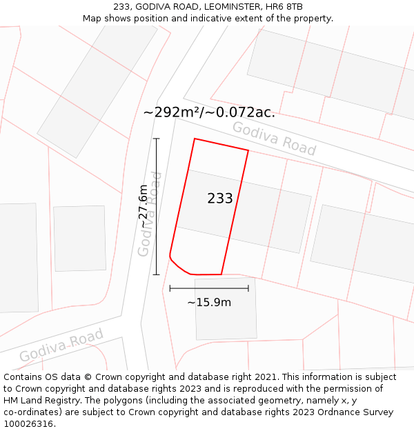 233, GODIVA ROAD, LEOMINSTER, HR6 8TB: Plot and title map