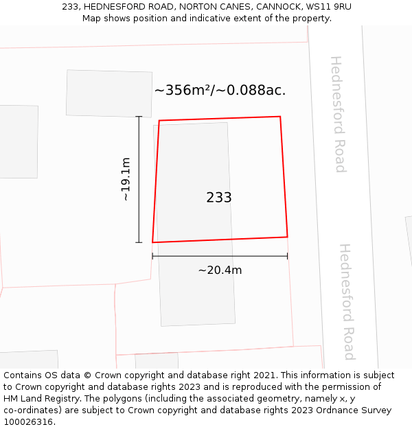 233, HEDNESFORD ROAD, NORTON CANES, CANNOCK, WS11 9RU: Plot and title map