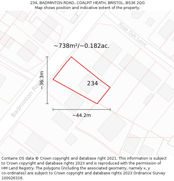 234, BADMINTON ROAD, COALPIT HEATH, BRISTOL, BS36 2QG: Plot and title map