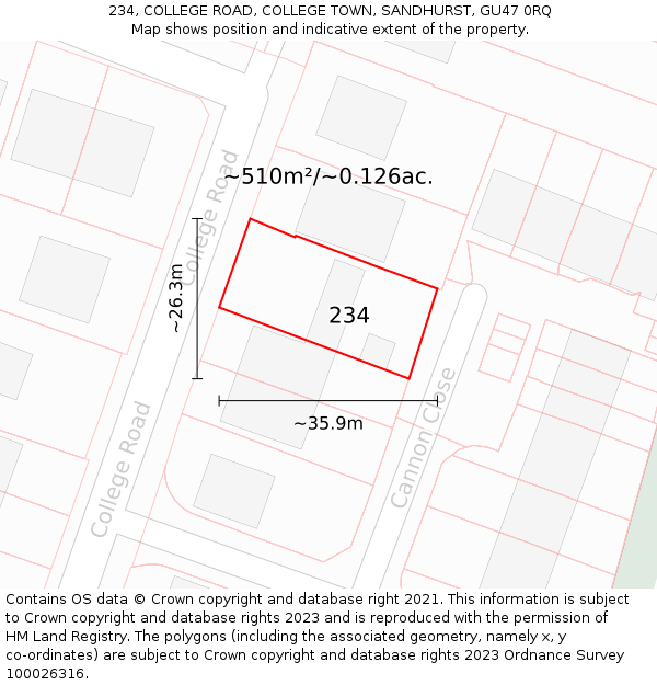 234, COLLEGE ROAD, COLLEGE TOWN, SANDHURST, GU47 0RQ: Plot and title map