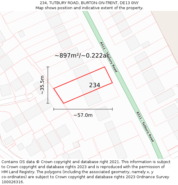 234, TUTBURY ROAD, BURTON-ON-TRENT, DE13 0NY: Plot and title map