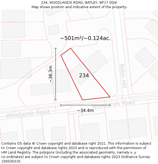 234, WOODLANDS ROAD, BATLEY, WF17 0QW: Plot and title map