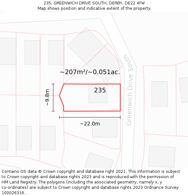 235, GREENWICH DRIVE SOUTH, DERBY, DE22 4FW: Plot and title map