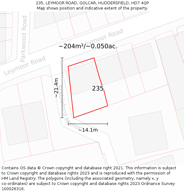 235, LEYMOOR ROAD, GOLCAR, HUDDERSFIELD, HD7 4QP: Plot and title map