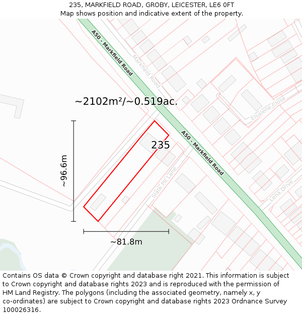 235, MARKFIELD ROAD, GROBY, LEICESTER, LE6 0FT: Plot and title map