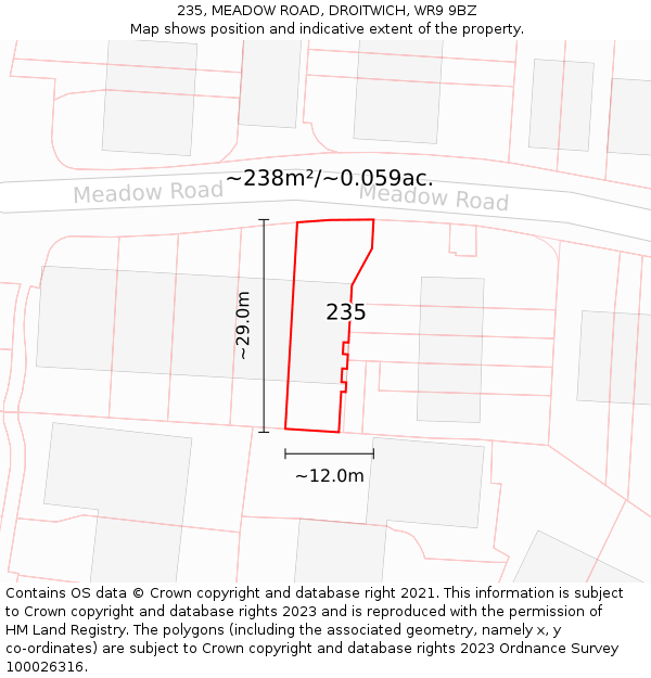 235, MEADOW ROAD, DROITWICH, WR9 9BZ: Plot and title map