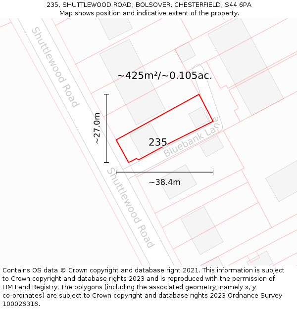 235, SHUTTLEWOOD ROAD, BOLSOVER, CHESTERFIELD, S44 6PA: Plot and title map