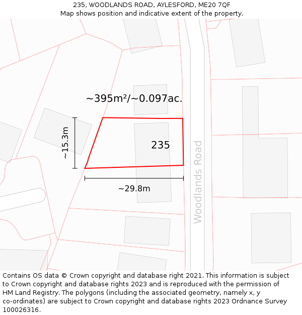 235, WOODLANDS ROAD, AYLESFORD, ME20 7QF: Plot and title map