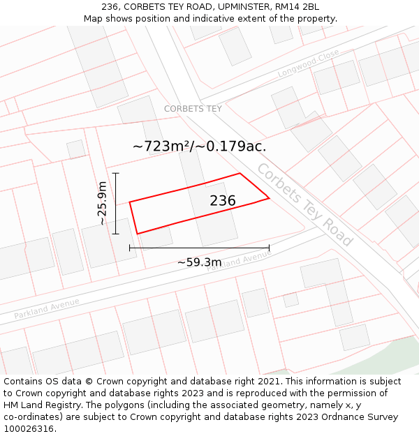 236, CORBETS TEY ROAD, UPMINSTER, RM14 2BL: Plot and title map