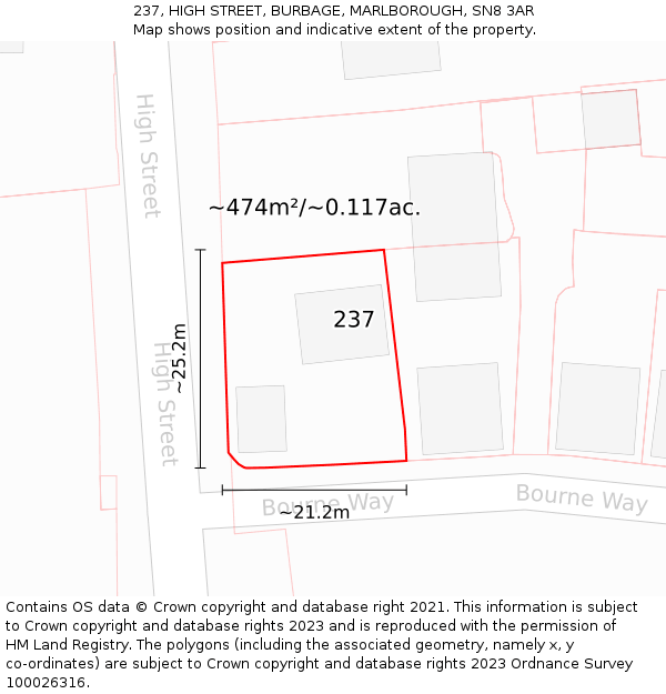 237, HIGH STREET, BURBAGE, MARLBOROUGH, SN8 3AR: Plot and title map