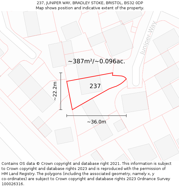 237, JUNIPER WAY, BRADLEY STOKE, BRISTOL, BS32 0DP: Plot and title map