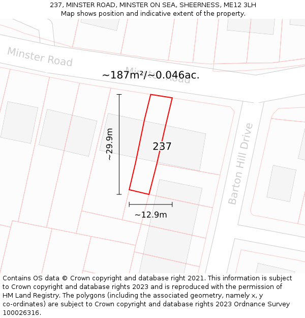 237, MINSTER ROAD, MINSTER ON SEA, SHEERNESS, ME12 3LH: Plot and title map