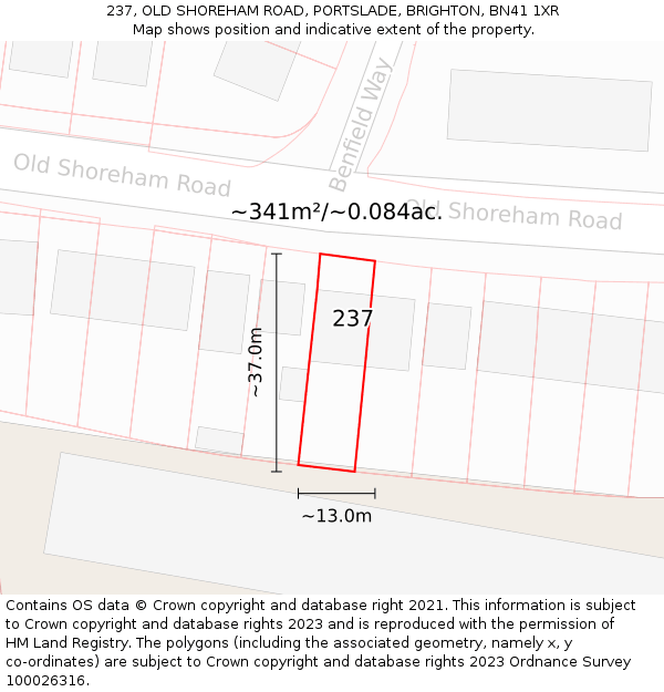 237, OLD SHOREHAM ROAD, PORTSLADE, BRIGHTON, BN41 1XR: Plot and title map