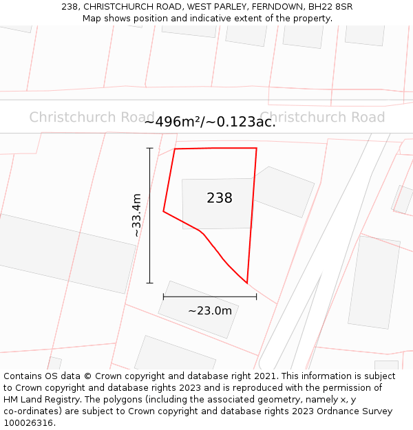 238, CHRISTCHURCH ROAD, WEST PARLEY, FERNDOWN, BH22 8SR: Plot and title map