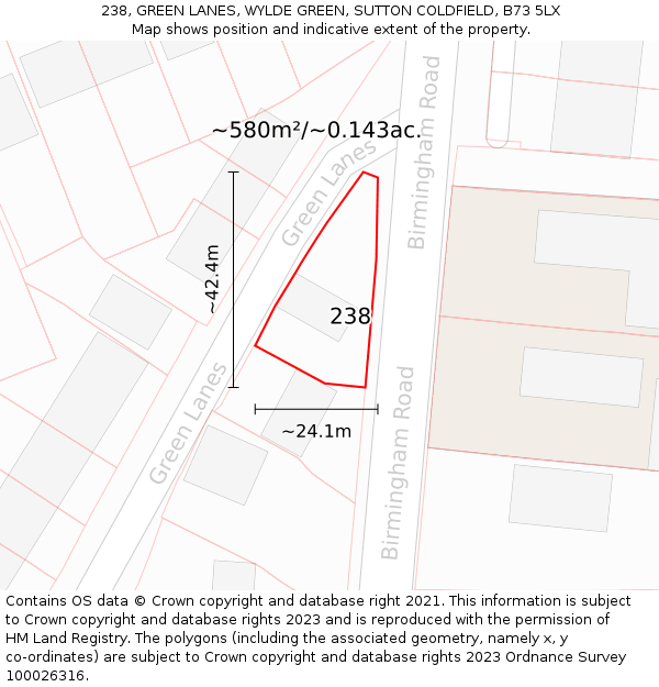 238, GREEN LANES, WYLDE GREEN, SUTTON COLDFIELD, B73 5LX: Plot and title map