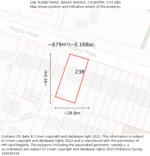 238, RUGBY ROAD, BINLEY WOODS, COVENTRY, CV3 2BD: Plot and title map