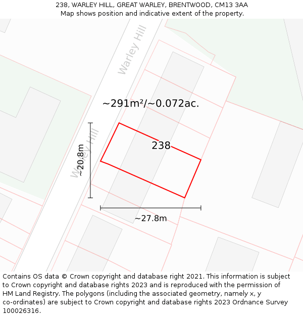 238, WARLEY HILL, GREAT WARLEY, BRENTWOOD, CM13 3AA: Plot and title map