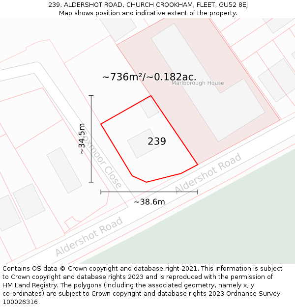 239, ALDERSHOT ROAD, CHURCH CROOKHAM, FLEET, GU52 8EJ: Plot and title map