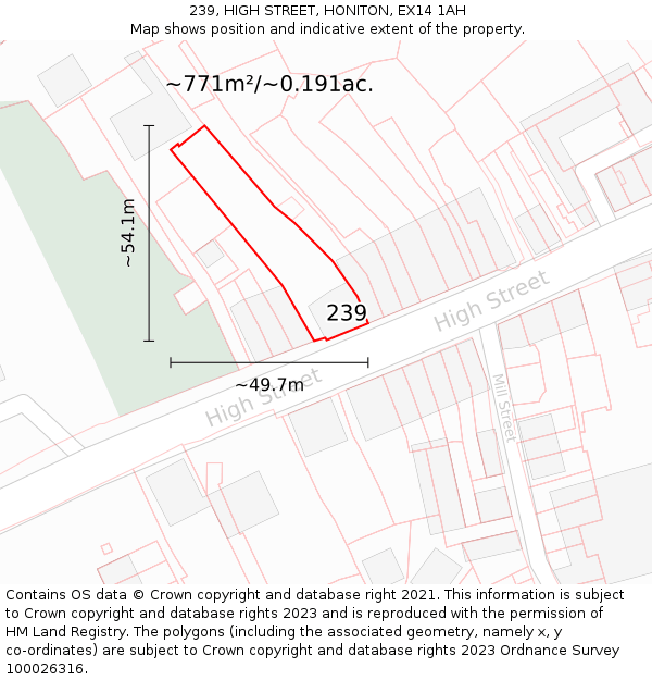 239, HIGH STREET, HONITON, EX14 1AH: Plot and title map