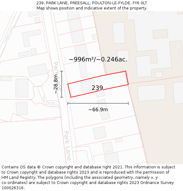 239, PARK LANE, PREESALL, POULTON-LE-FYLDE, FY6 0LT: Plot and title map