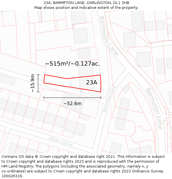 23A, BARMPTON LANE, DARLINGTON, DL1 3HB: Plot and title map