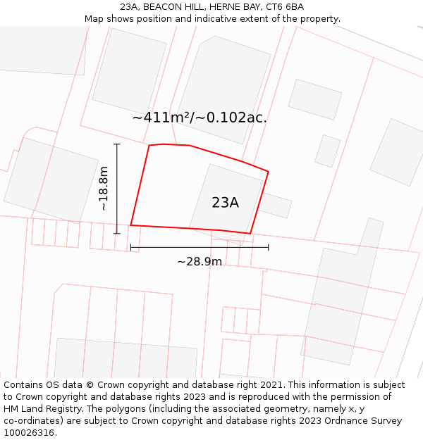 23A, BEACON HILL, HERNE BAY, CT6 6BA: Plot and title map
