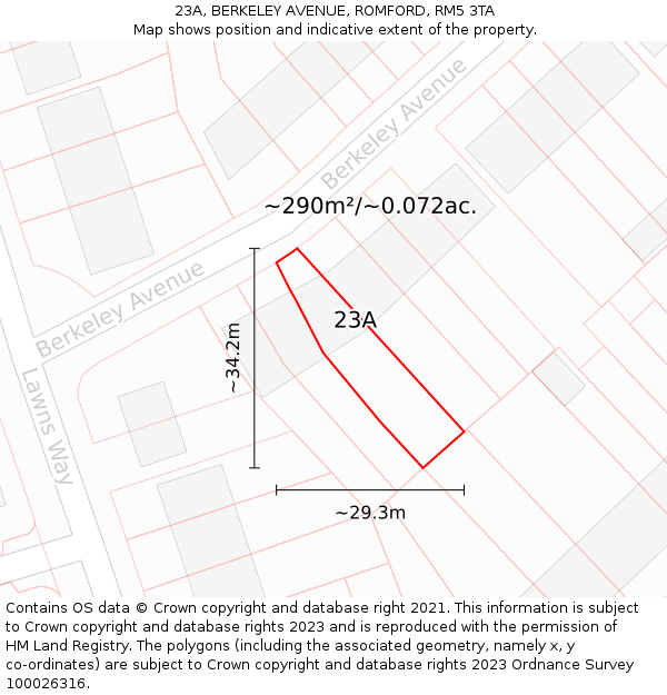 23A, BERKELEY AVENUE, ROMFORD, RM5 3TA: Plot and title map