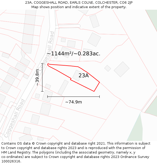 23A, COGGESHALL ROAD, EARLS COLNE, COLCHESTER, CO6 2JP: Plot and title map