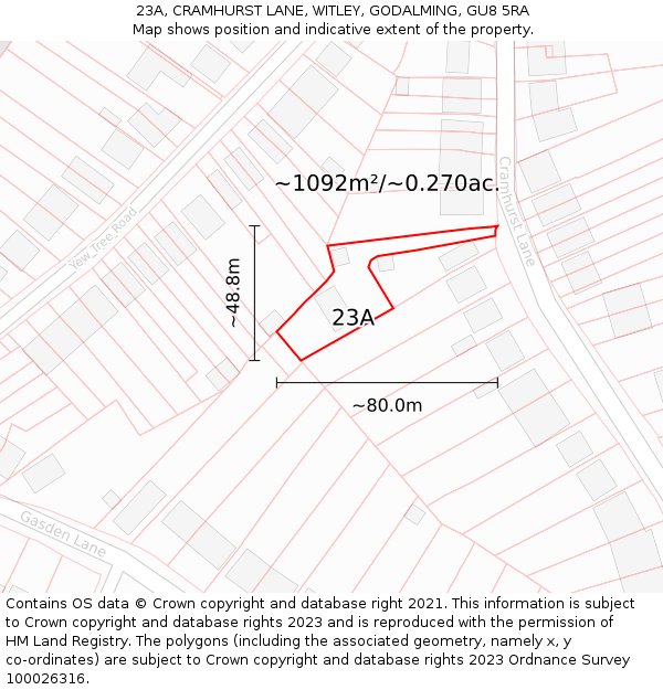 23A, CRAMHURST LANE, WITLEY, GODALMING, GU8 5RA: Plot and title map