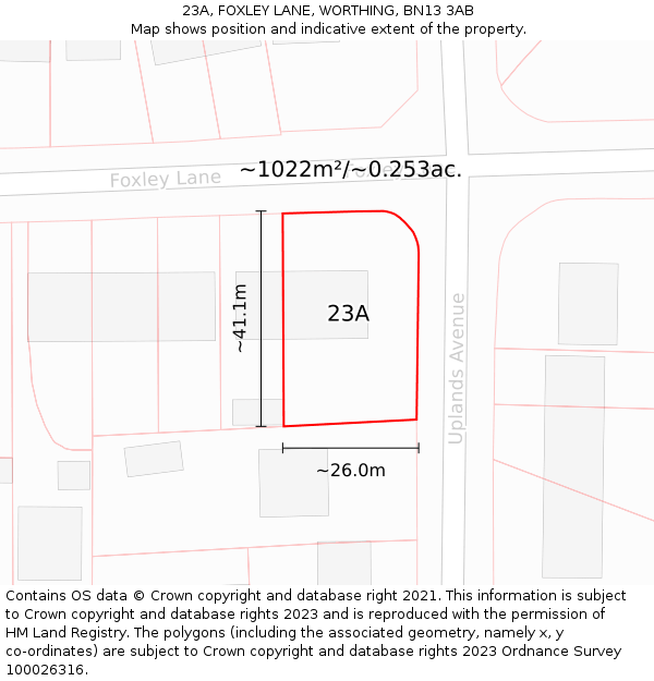 23A, FOXLEY LANE, WORTHING, BN13 3AB: Plot and title map