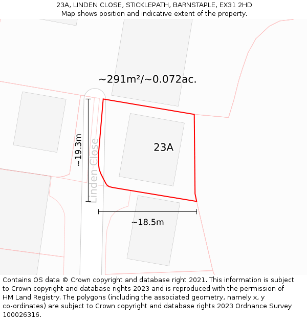 23A, LINDEN CLOSE, STICKLEPATH, BARNSTAPLE, EX31 2HD: Plot and title map