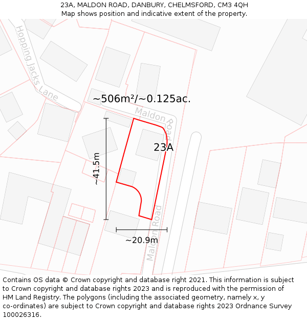 23A, MALDON ROAD, DANBURY, CHELMSFORD, CM3 4QH: Plot and title map