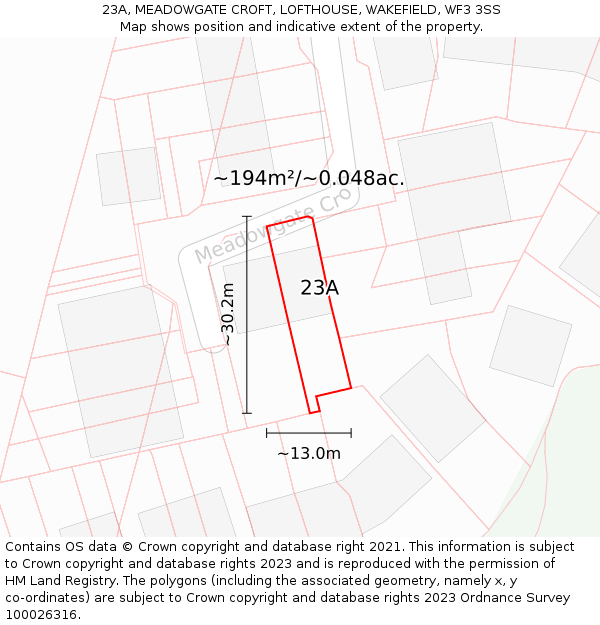23A, MEADOWGATE CROFT, LOFTHOUSE, WAKEFIELD, WF3 3SS: Plot and title map