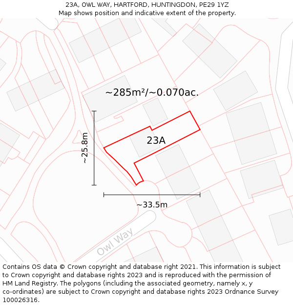 23A, OWL WAY, HARTFORD, HUNTINGDON, PE29 1YZ: Plot and title map