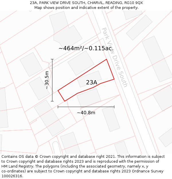 23A, PARK VIEW DRIVE SOUTH, CHARVIL, READING, RG10 9QX: Plot and title map