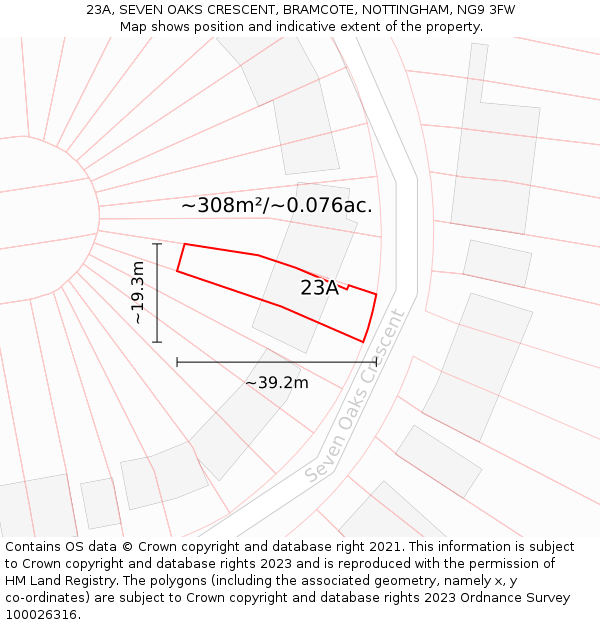 23A, SEVEN OAKS CRESCENT, BRAMCOTE, NOTTINGHAM, NG9 3FW: Plot and title map