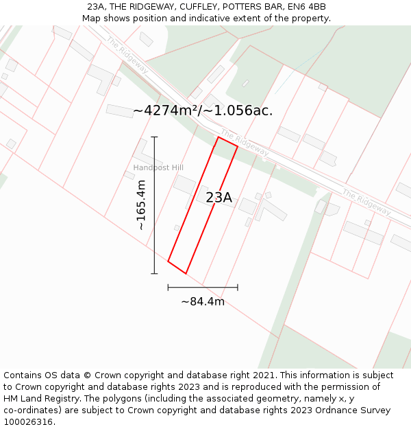 23A, THE RIDGEWAY, CUFFLEY, POTTERS BAR, EN6 4BB: Plot and title map