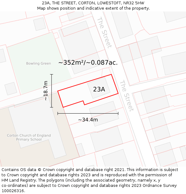 23A, THE STREET, CORTON, LOWESTOFT, NR32 5HW: Plot and title map