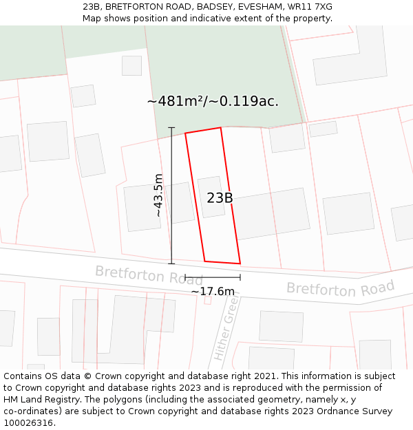 23B, BRETFORTON ROAD, BADSEY, EVESHAM, WR11 7XG: Plot and title map