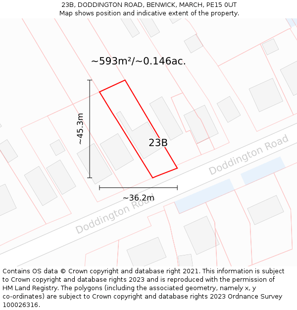 23B, DODDINGTON ROAD, BENWICK, MARCH, PE15 0UT: Plot and title map