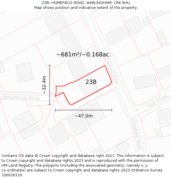 23B, HOMEFIELD ROAD, WARLINGHAM, CR6 9HU: Plot and title map