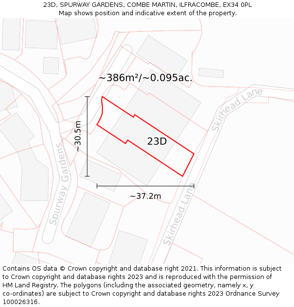 23D, SPURWAY GARDENS, COMBE MARTIN, ILFRACOMBE, EX34 0PL: Plot and title map
