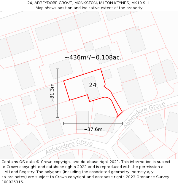24, ABBEYDORE GROVE, MONKSTON, MILTON KEYNES, MK10 9HH: Plot and title map