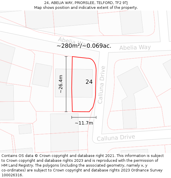 24, ABELIA WAY, PRIORSLEE, TELFORD, TF2 9TJ: Plot and title map