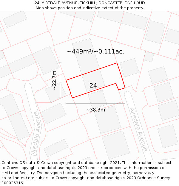 24, AIREDALE AVENUE, TICKHILL, DONCASTER, DN11 9UD: Plot and title map