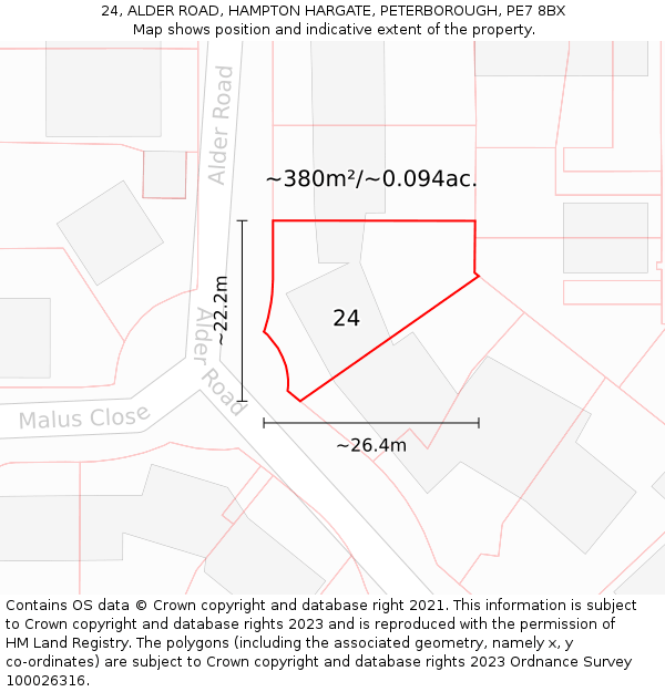 24, ALDER ROAD, HAMPTON HARGATE, PETERBOROUGH, PE7 8BX: Plot and title map
